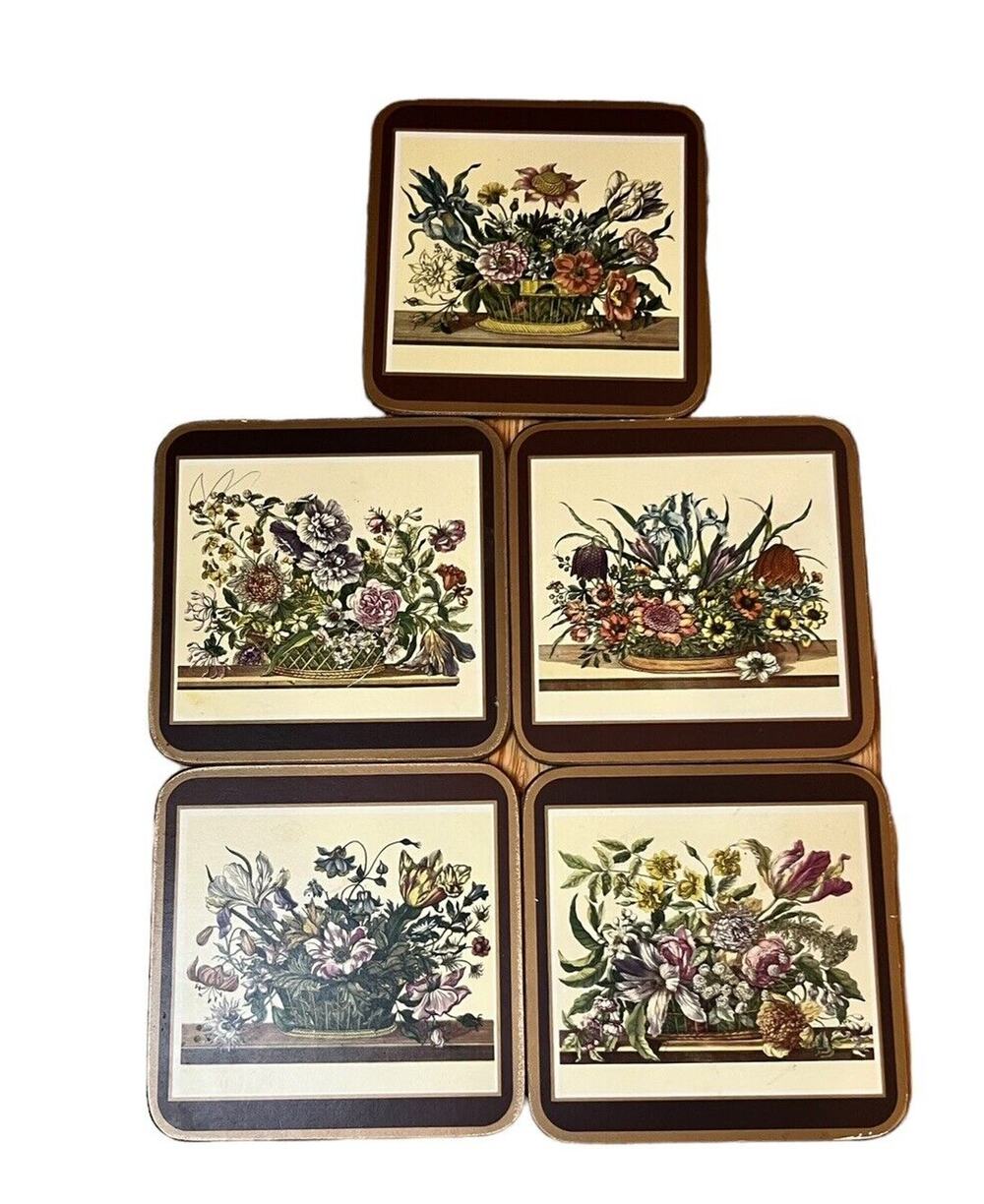 5 Vintage Pimpernel Floral Array, Traditional Cork Back Coasters. Green Border